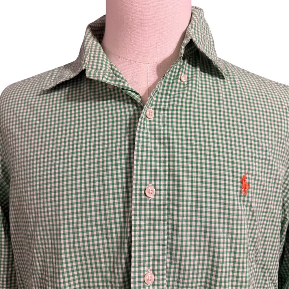Ralph Lauren Green Gingham Button Down Shirt Sz L Preppy Classic Orange Pony